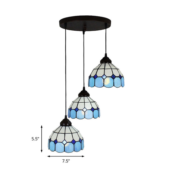 Mediterranean Cut Glass 3-Light Blue Multi Pendant Bowl Hanging Light Fixture - Perfect For Bedrooms