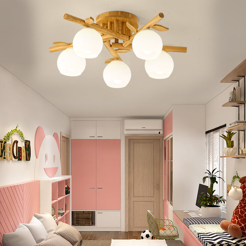 Semi Flush Opal Glass Ceiling Lamp With Wooden Branch - Creative Sphere Dining Room Light In Beige