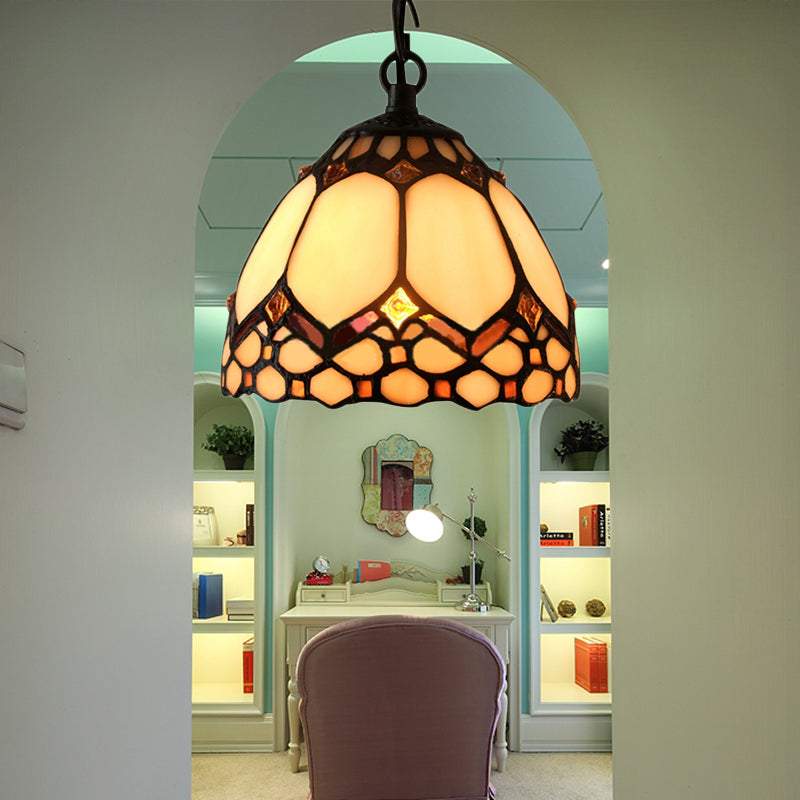 Tiffany-Style Beige Stained Glass Pendant Lamp - 1 Bulb Dome Down Lighting Suspension For Entryway