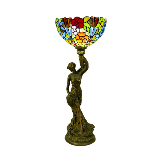 Bowl Table Night Lamp In Brass With Stained Glass Baroque Petal/Dragonfly Pattern & Resin Naked
