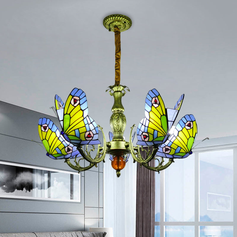 Stained Glass Butterfly Chandelier: Orange Yellow & Green Colors 3/5 Bulbs Perfect For Bedroom