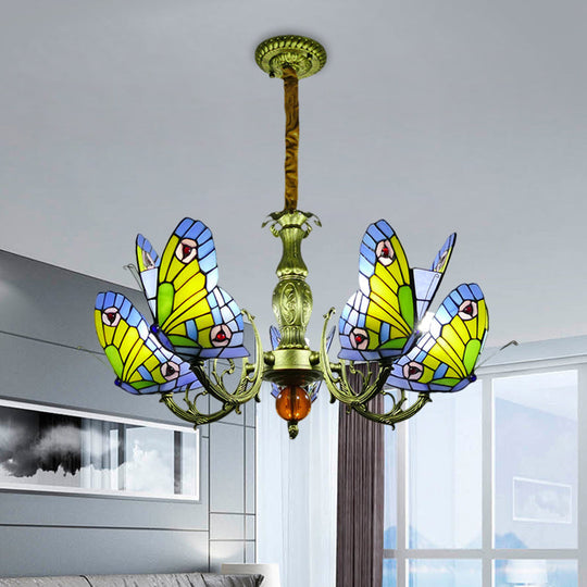 Stained Glass Butterfly Chandelier: Orange Yellow & Green Colors 3/5 Bulbs Perfect For Bedroom