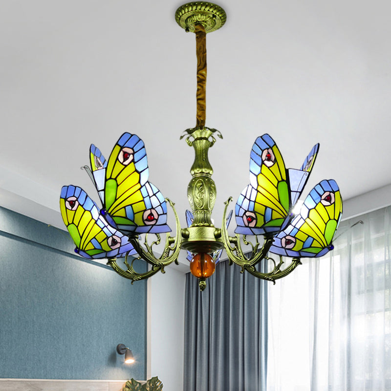 Stained Glass Butterfly Chandelier: Orange Yellow & Green Colors 3/5 Bulbs Perfect For Bedroom