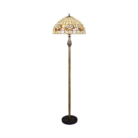 Victorian White Floral Patterned 2-Head Standing Floor Light With Bowl Shell Shade - Ideal For
