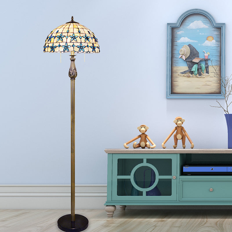 Blue Grid Dome Shell Baroque Floor Lamp With 2 Heads And Floret Pattern