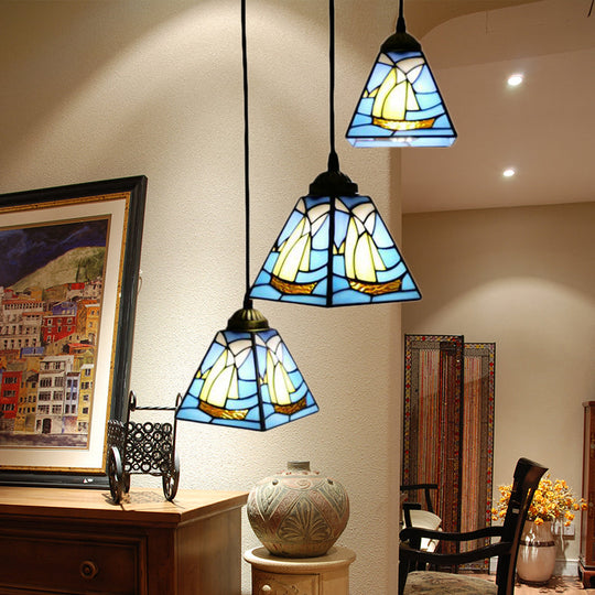 Blue Stained Glass Conical Tiffany Hanging Lamp - Mini Cluster Pendant With 3 Bulbs For Living Room