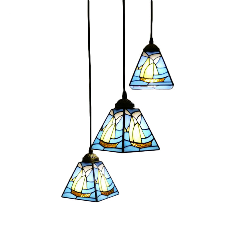 Blue Stained Glass Conical Tiffany Hanging Lamp - Mini Cluster Pendant With 3 Bulbs For Living Room