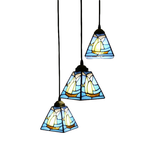 Blue Stained Glass Conical Tiffany Hanging Lamp - Mini Cluster Pendant With 3 Bulbs For Living Room