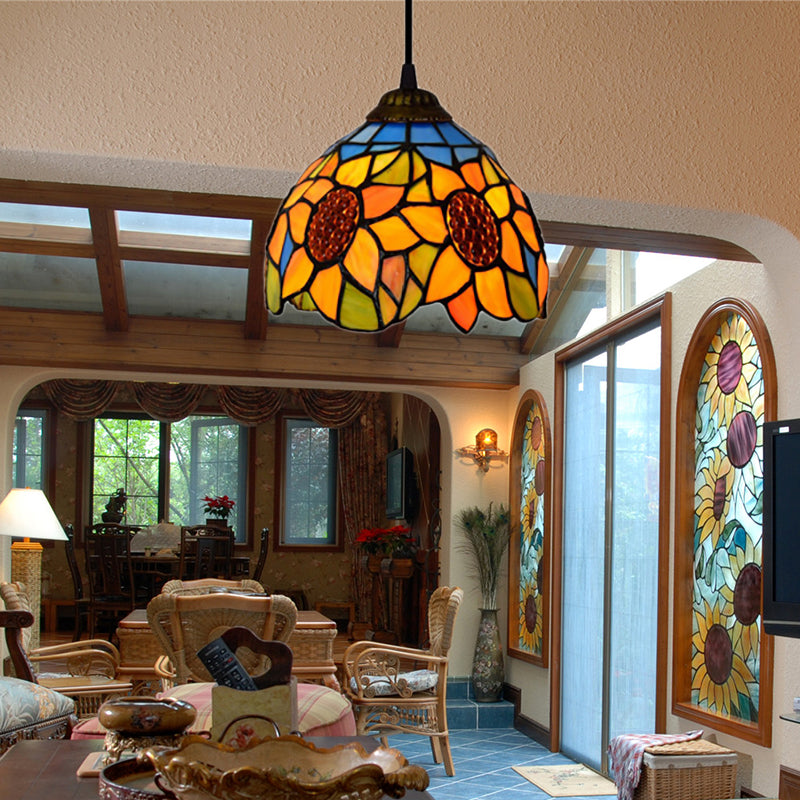 Tiffany-Style Hand Cut Glass Pendant Ceiling Light - Green/Orange Flare Design Ideal For Living Room