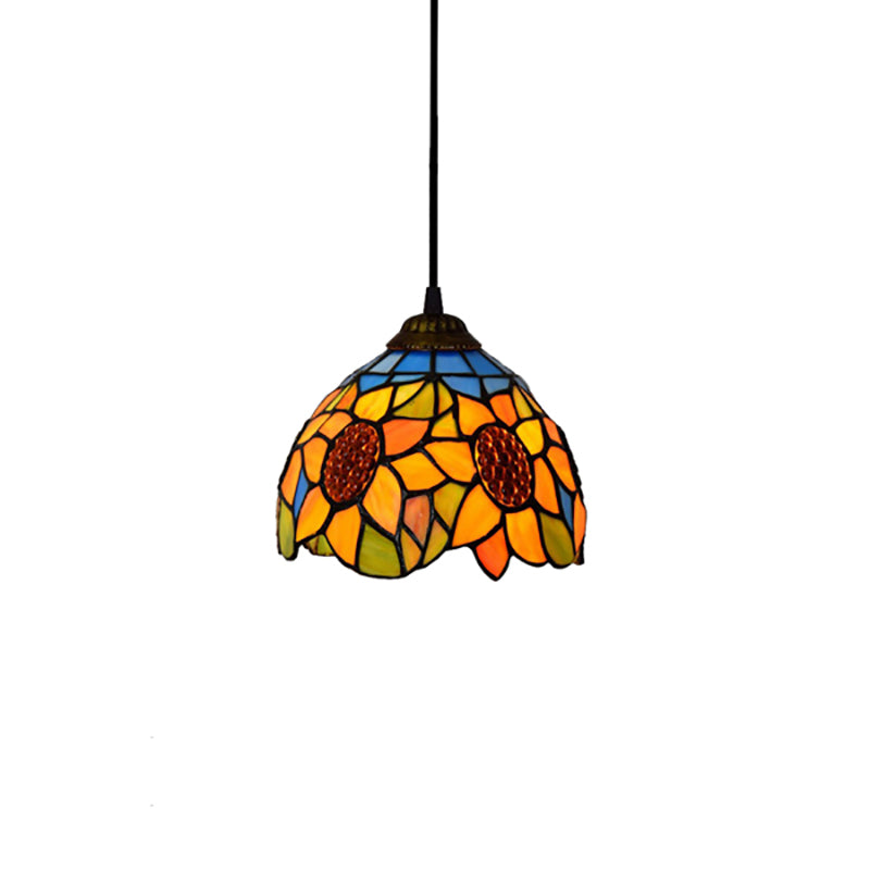 Tiffany-Style Hand Cut Glass Pendant Ceiling Light - Green/Orange Flare Design Ideal For Living Room