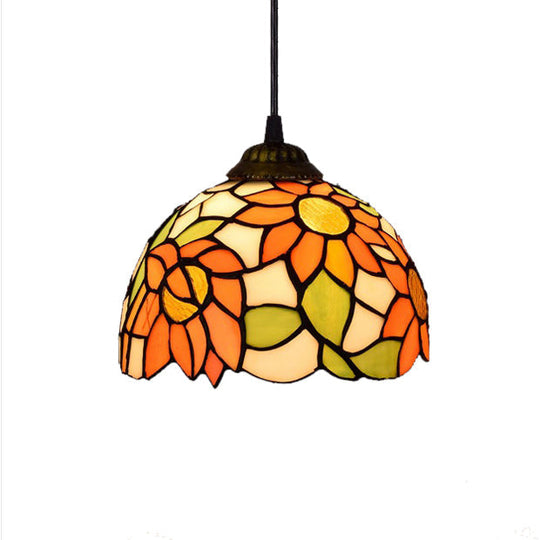 Tiffany-Style Stained Art Glass Hemisphere Pendant Lamp - Red/Orange/Green Ceiling Hanging Light