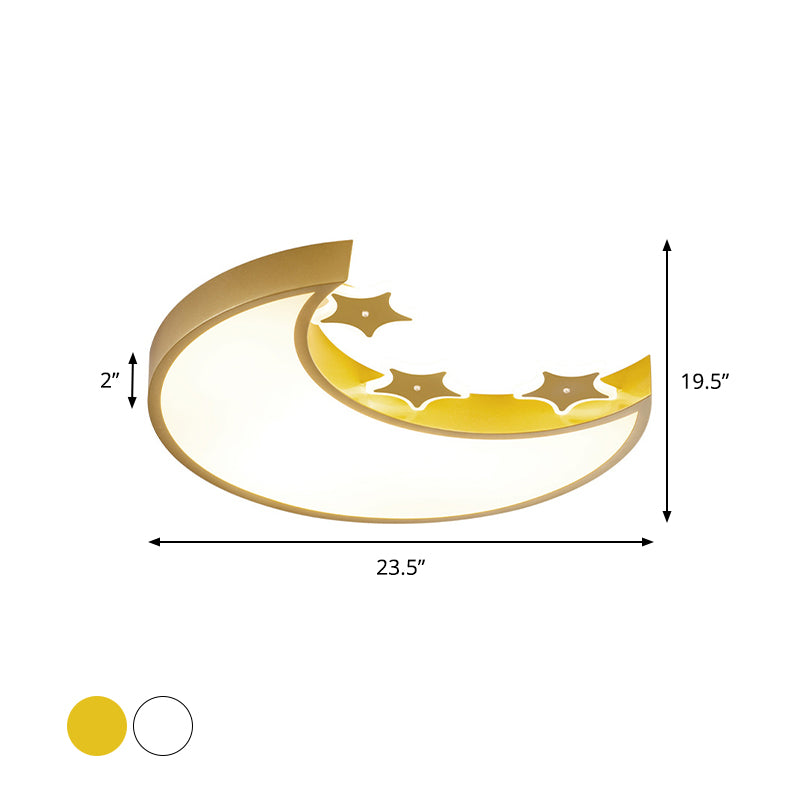 Kids Led Ceiling Light: White/Yellow Crescent & Star Flush Mount Lamp With Acrylic Shade