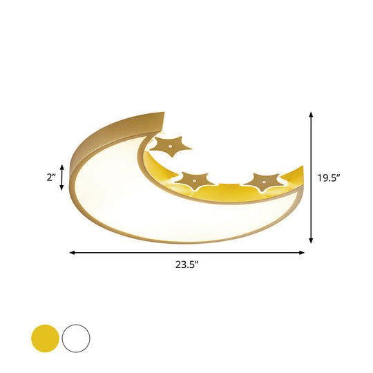 Kids Led Ceiling Light: White/Yellow Crescent & Star Flush Mount Lamp With Acrylic Shade