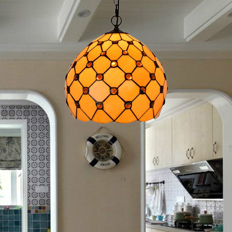 Tiffany Single Light Stained Glass Pendant Ceiling Lamp - Yellow With Jewel Accent For Porch