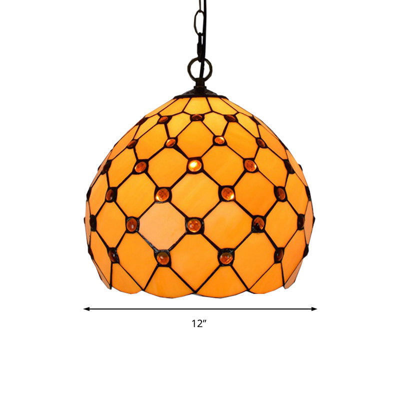 Tiffany Single Light Stained Glass Pendant Ceiling Lamp - Yellow With Jewel Accent For Porch