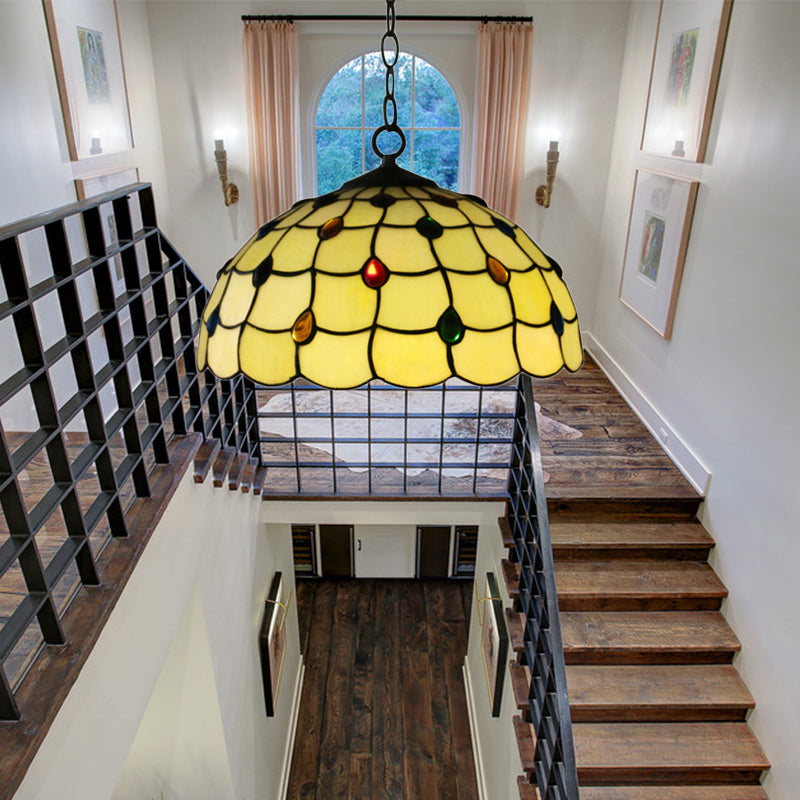 Tiffany Beige Stained Glass Stair Pendant Light With Beaded Shade / B