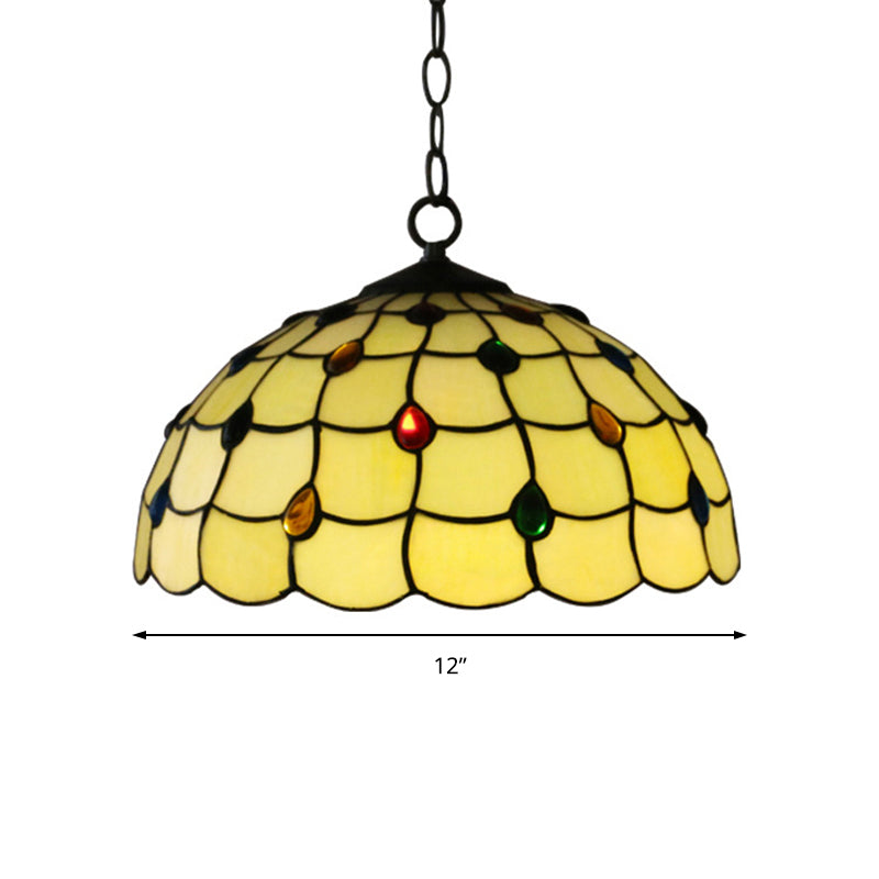 Tiffany Beige Stained Glass Stair Pendant Light With Beaded Shade