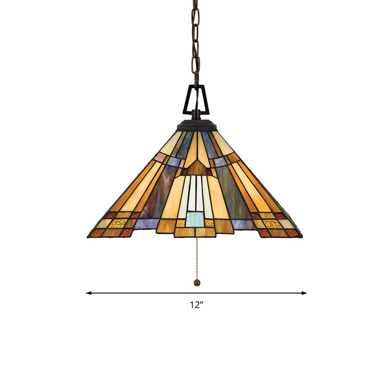 8’/12’/16’ Wide Tapered Tiffany Stained Glass Pendant Lamp With Amber Bulb For Bedroom