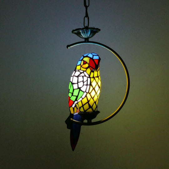 Tiffany Style Blue/Green Parrot Suspension Pendant Light - Stained Art Glass Ceiling Lamp For