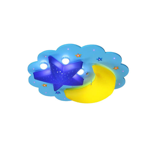 Blue Star Moon Cartoon Wood Ceiling Lamp For Kids Bedroom