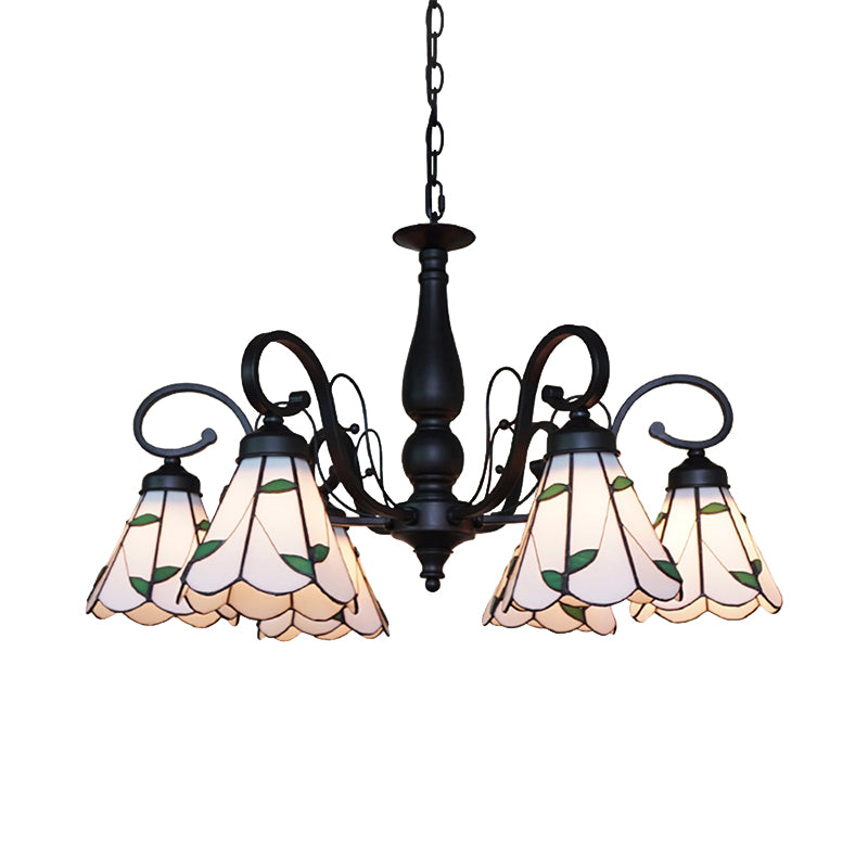 Vintage Beige Glass Cone Chandelier With Rhombus/Leaf Pattern - Ideal For Living Room Indoor