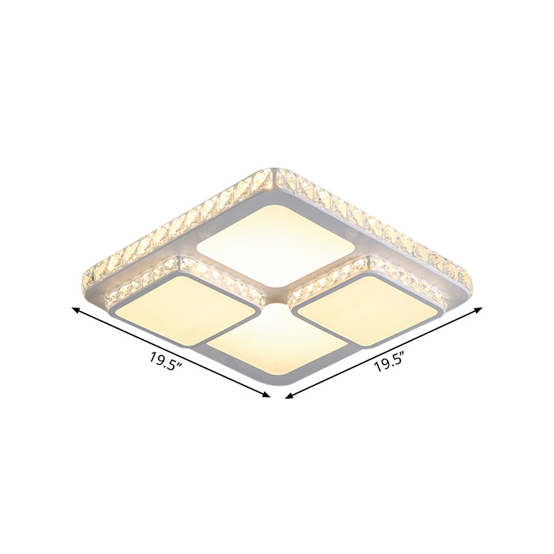 Modern Led Acrylic Ceiling Light: Square Flush Mount Lamp In White With Crystal Accent
