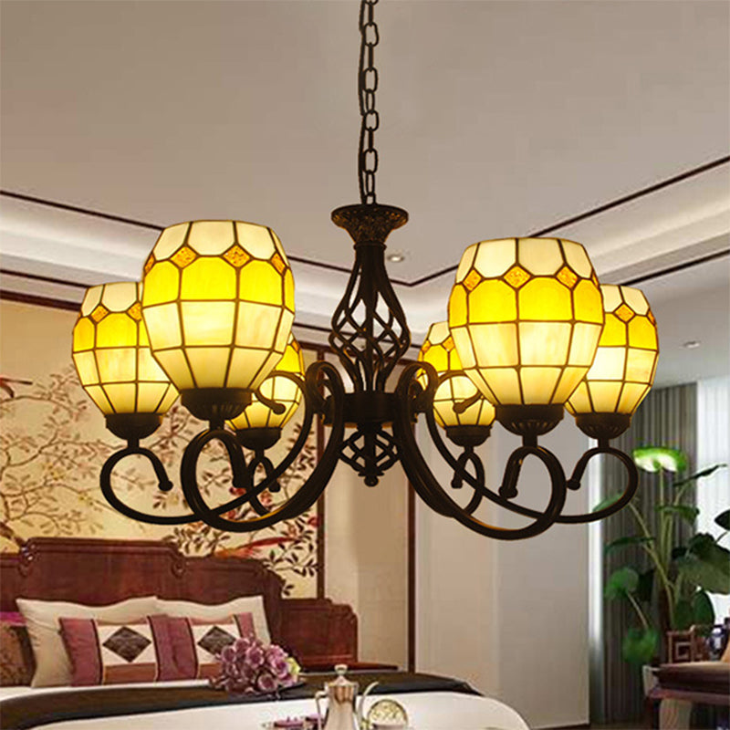 Vintage Oval Pendant Chandelier Lamp - 6/8 Lights Curved Arm & Brown Glass Design For Living Room