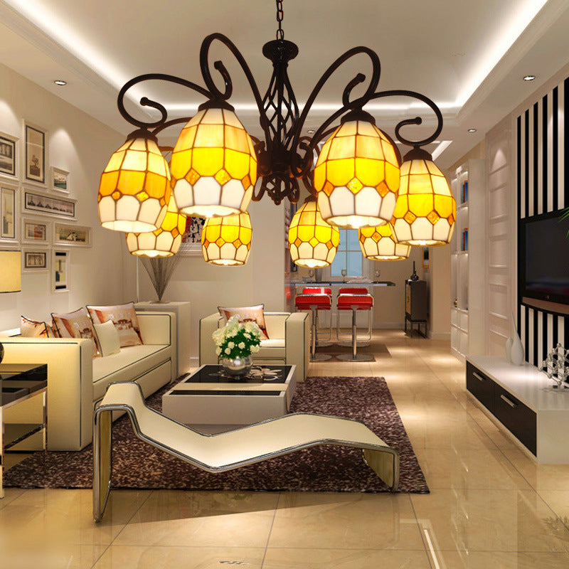 Vintage Oval Pendant Chandelier Lamp - 6/8 Lights Curved Arm & Brown Glass Design For Living Room 8