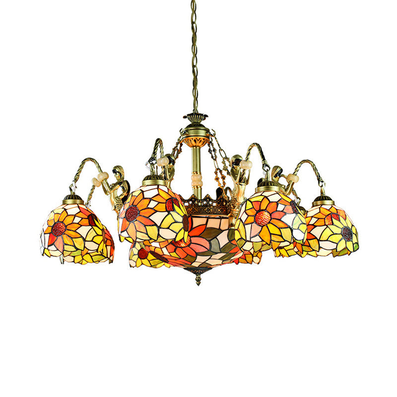 9/11 Lights Tiffany Sunflower Cut Glass Chandelier Pendant Lamp - Orange For Bedroom