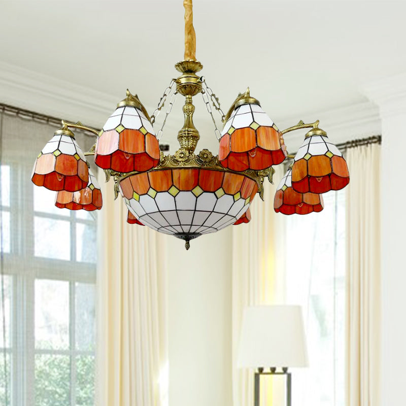 Vintage Tiffany Art Glass Chandelier In Orange For Hotel Hallway - 9/13 Lights Grid Dome Design 9 /
