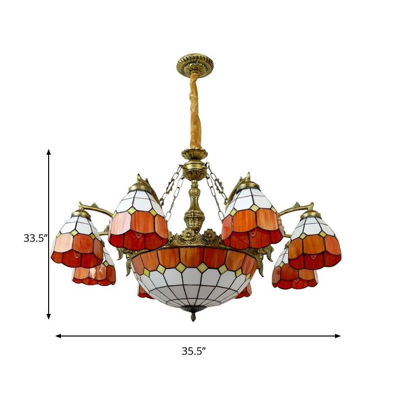 Vintage Tiffany Art Glass Chandelier In Orange For Hotel Hallway - 9/13 Lights Grid Dome Design