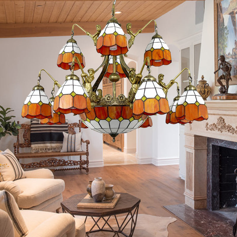 Vintage Tiffany Art Glass Chandelier In Orange For Hotel Hallway - 9/13 Lights Grid Dome Design