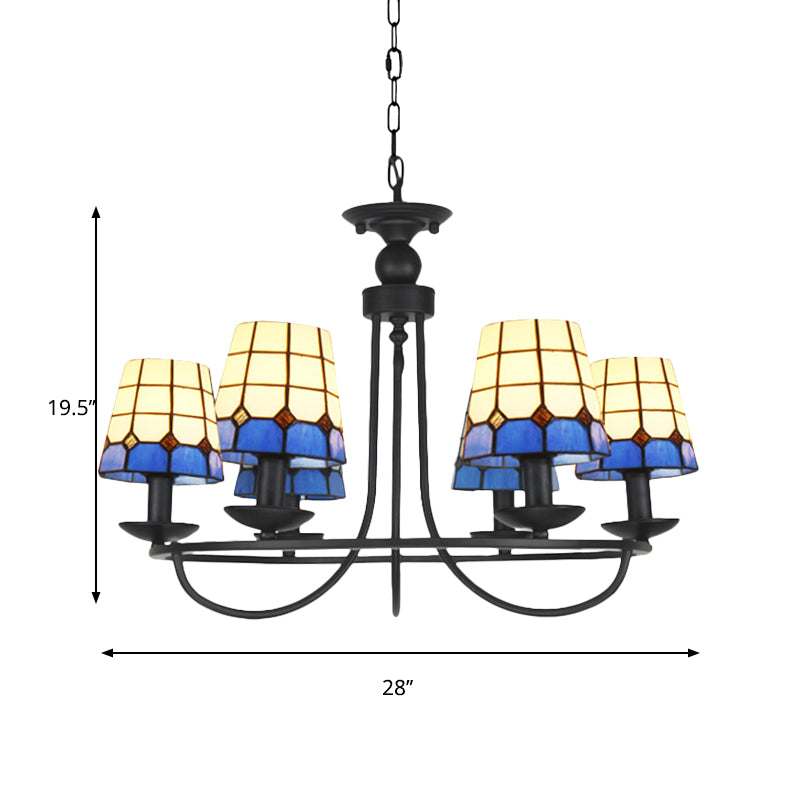 Tiffany Blue Glass Lattice Bucket Chandelier With Multiple Hanging Heads - Ideal For Hotels And
