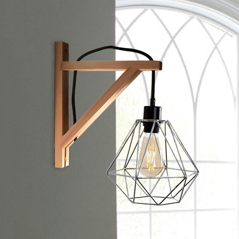 Modern Black Wall Lamp: Loft Style Iron Pear Shaped/Diamond Cage Design With Wood Brace / A