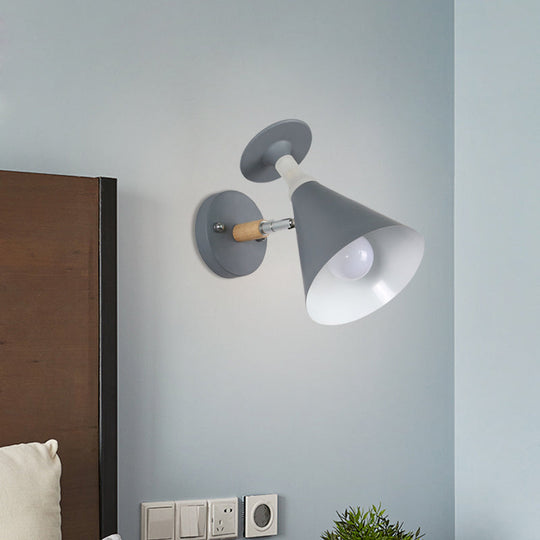 Nordic Iron Single Bulb Sconce Light - Rotatable Cone Wine Cup Wall Mounted Lamp With Wood Accent