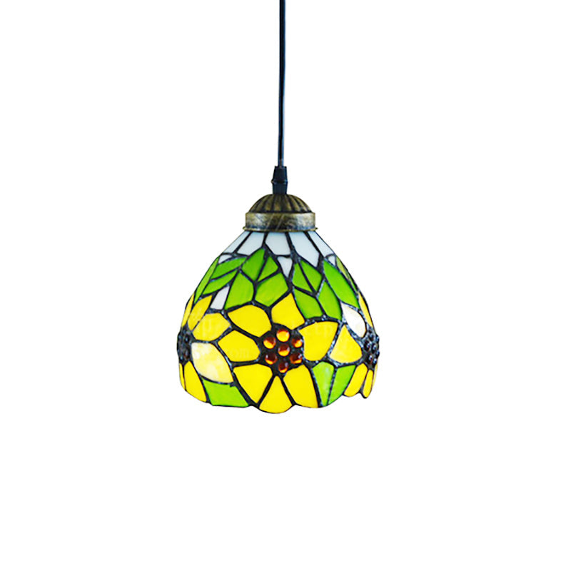 Tiffany Dome Pendant Lamp - Green Handcrafted Stained Glass Light Fixture With Sunflower Pattern