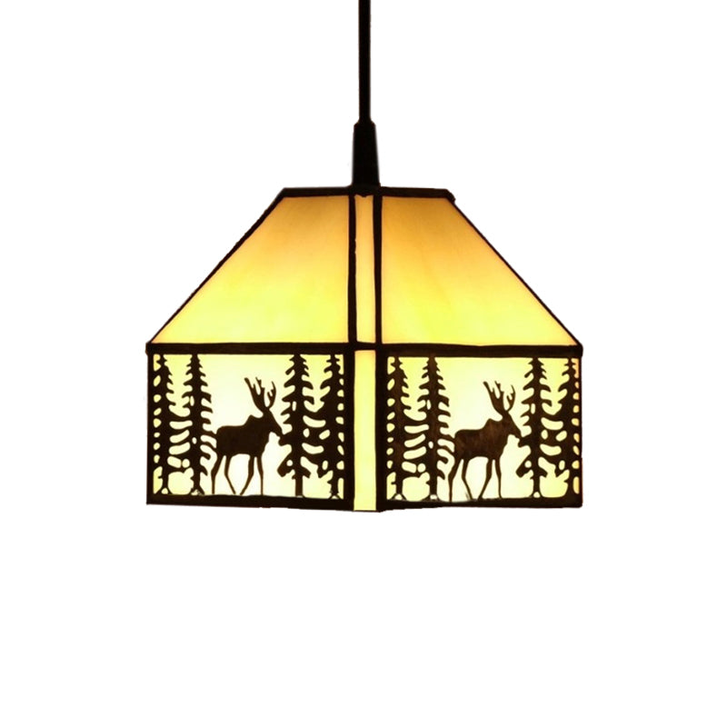 Rustic Glass Ceiling Light In Beige With Deer Pattern - Perfect For Kitchen 1 Bulb House Hanging
