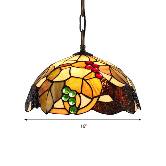 Tiffany-Style Grape Pendant Lighting - 12’/16’ Wide 1-Head Brown Cut Glass Ceiling Light