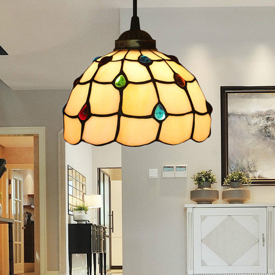 Beige Stained Glass Pendant Lamp With Beaded Detailing - Tiffany Hanging Light Kit For Study