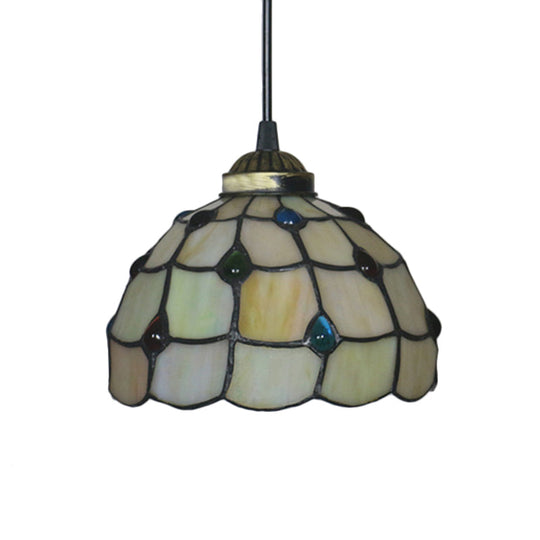 Beige Stained Glass Pendant Lamp With Beaded Detailing - Tiffany Hanging Light Kit For Study