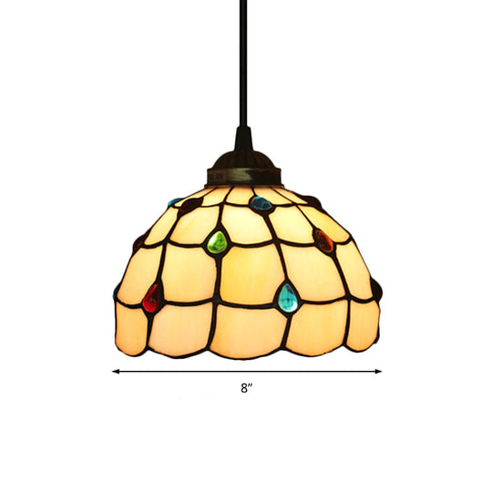 Beige Stained Glass Pendant Lamp With Beaded Detailing - Tiffany Hanging Light Kit For Study