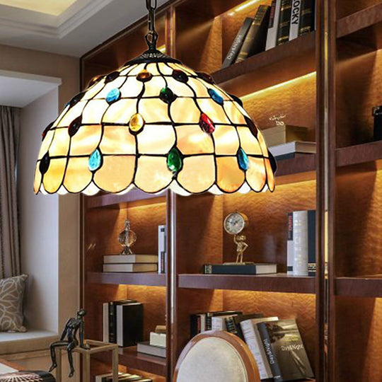 Beige Stained Glass Pendant Lamp With Beaded Detailing - Tiffany Hanging Light Kit For Study