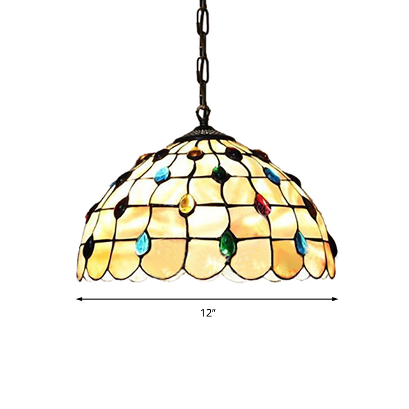 Beige Stained Glass Pendant Lamp With Beaded Detailing - Tiffany Hanging Light Kit For Study