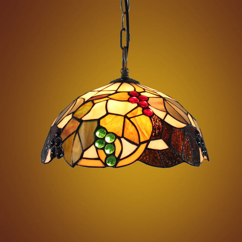 Baroque Glass Bowl Pendant Light With Grape Pattern - Brown Hand-Cut 1 Bulb Ceiling Hanging