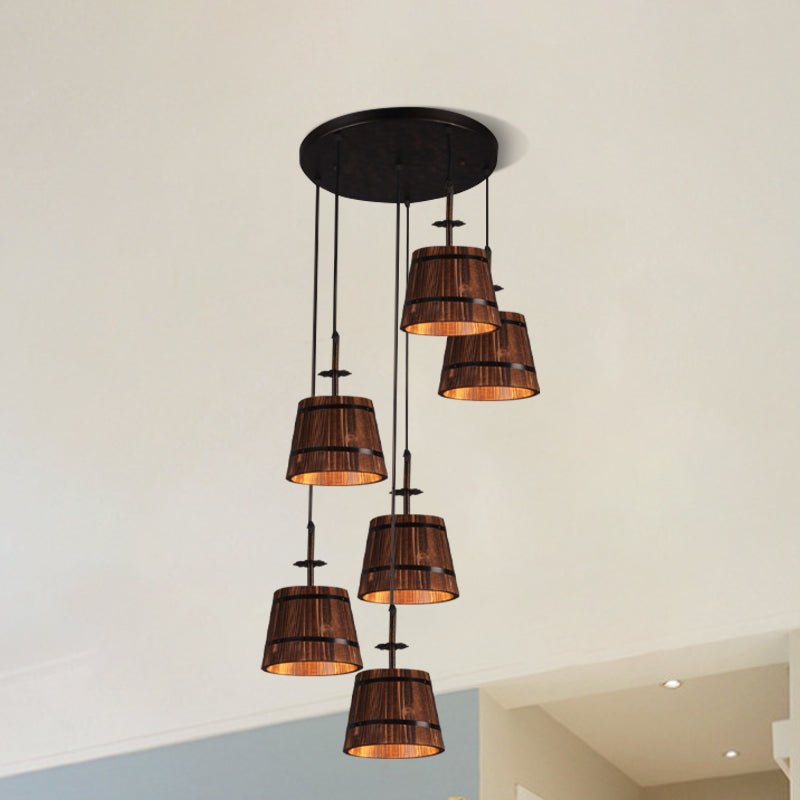 Industrial 6-Light Wooden Pendant For Coffee Shops - Tapered Brown Shades