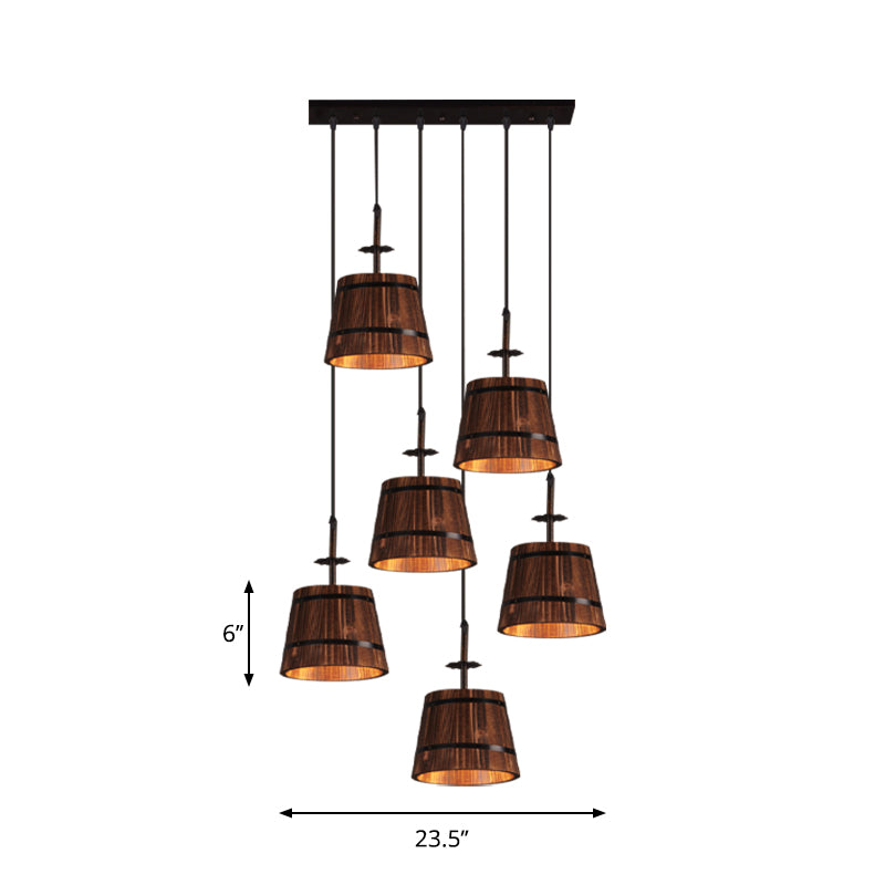 Industrial 6-Light Wooden Pendant For Coffee Shops - Tapered Brown Shades