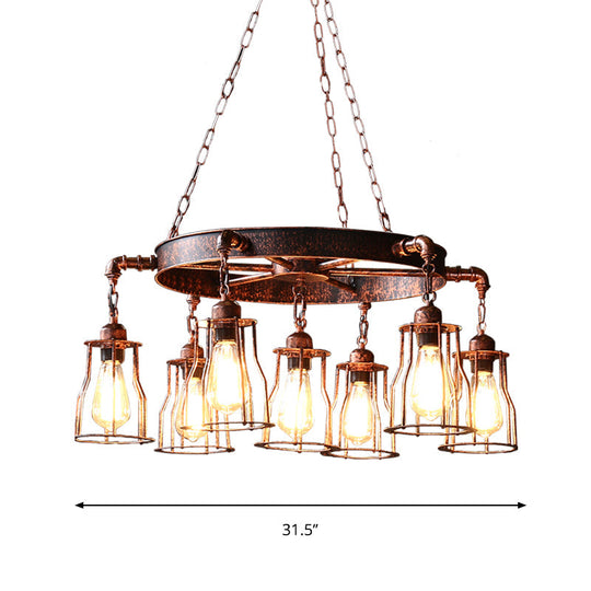 7-Light Dark Rust Pendant Chandelier With Wrought Iron Bell Cage And Wheel Design - Farmhouse