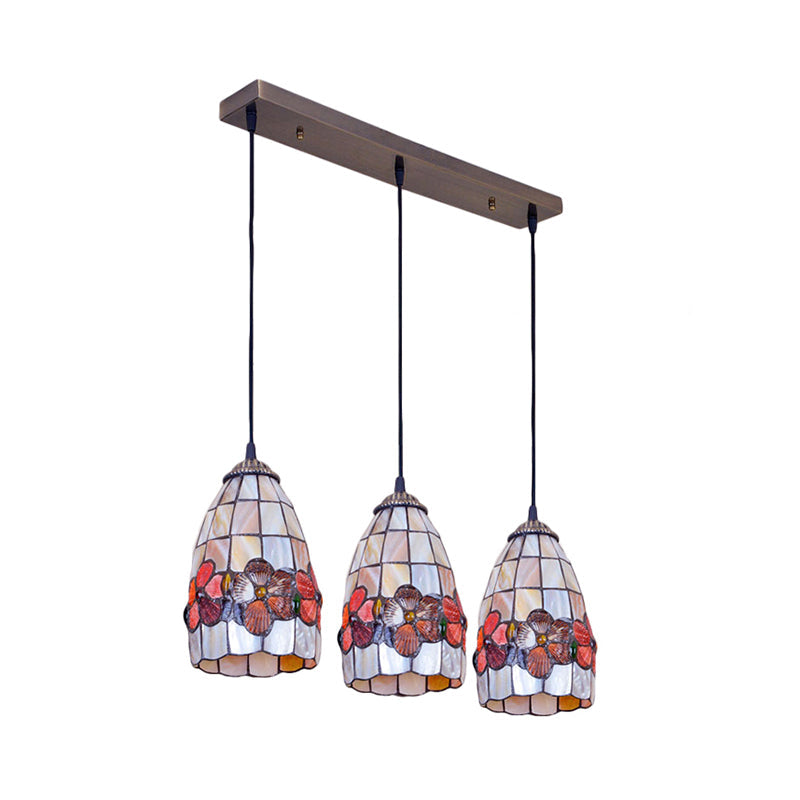 Baroque Shell Bell Pendant Light With 3 Yellow Bulbs And Linear/Round Canopy