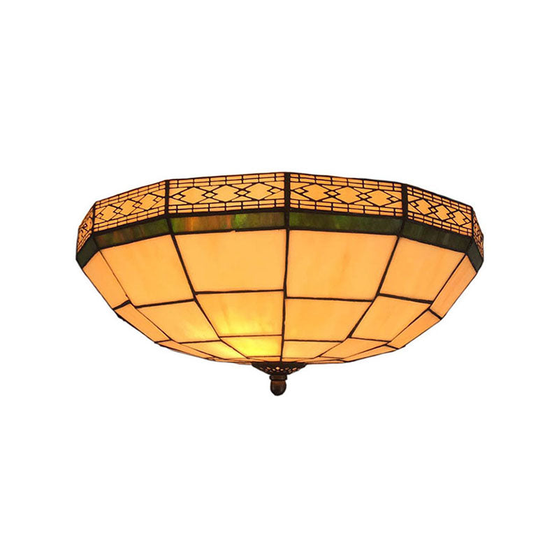 Bowl Flush Ceiling Light 8/8.5/10 Stained Glass 3 Lights In Beige - Traditional Lighting For Living