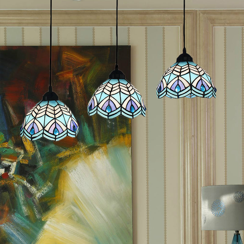 Blue Hand-Cut Glass Pendant Light With Mediterranean Charm - 3 Head Hemisphere Cluster Round/Linear